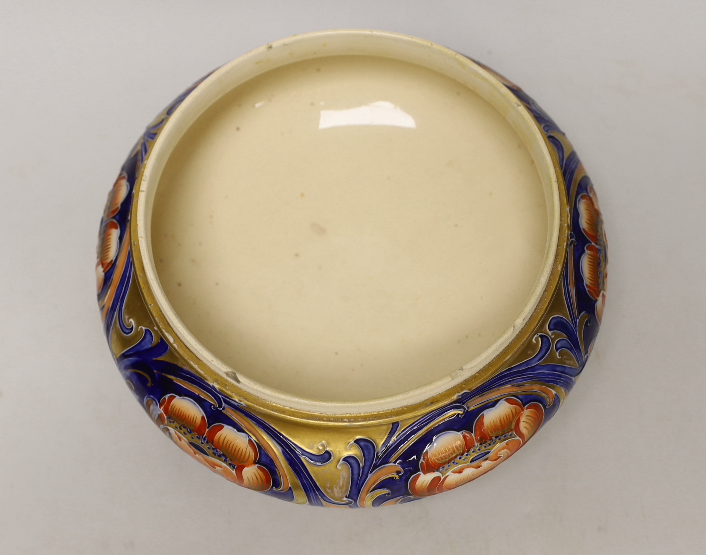 A large Macintyre Florian ware 'poppy' pot pourri bowl and cover, c.1904-1913, no Moorcroft signature, 24cm diameter